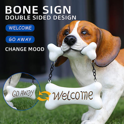 Beagle Statue with Reversible Welcome Sign and Go Away Signs