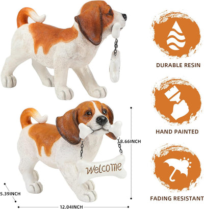 Beagle Statue with Reversible Welcome Sign and Go Away Signs